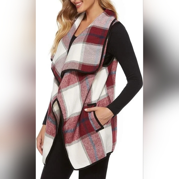 Plaid Open Front Vest - Red and White - Picture 10 of 10